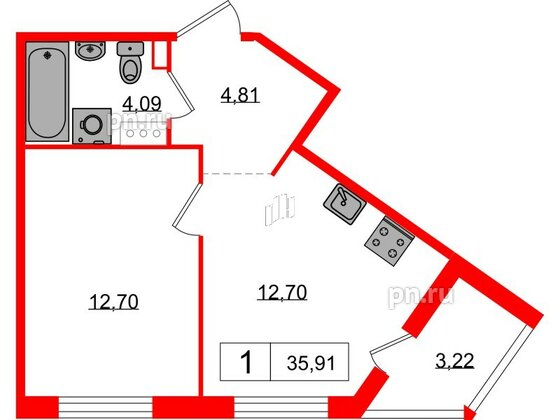 Квартира в ЖК «Янила», 1 комнатная, 35.91 м², 1 этаж