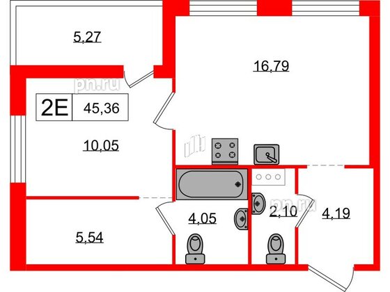 Квартира в ЖК «Янила», 1 комнатная, 45.36 м², 2 этаж