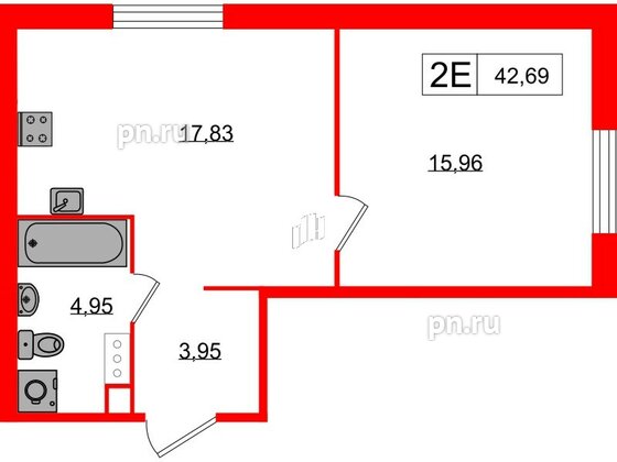 Квартира в ЖК «Янила», 1 комнатная, 42.69 м², 1 этаж