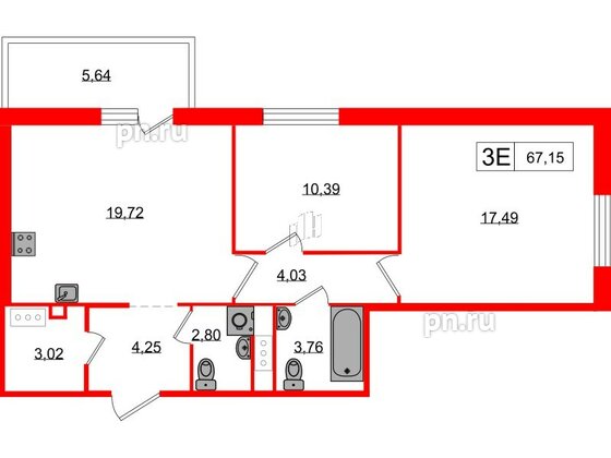 Квартира в ЖК «Янила», 2 комнатная, 67.15 м², 3 этаж