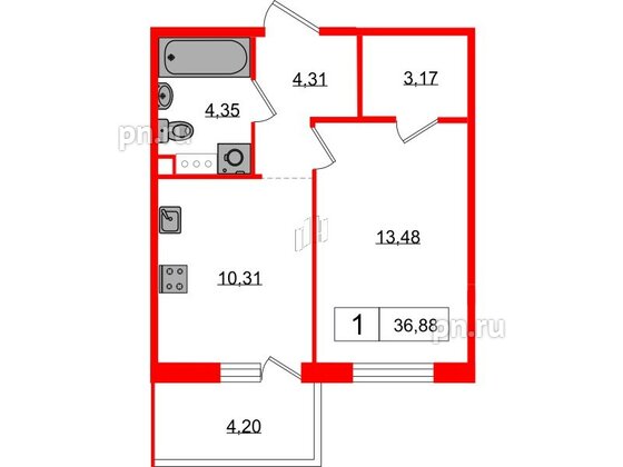 Квартира в ЖК Янила, 1 комнатная, 36.9 м², 1 этаж