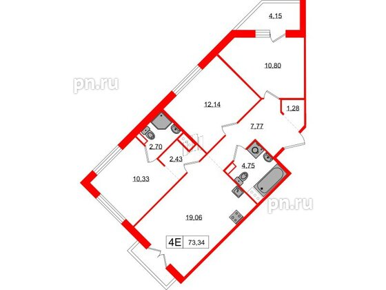 Квартира в ЖК «Янила», 3 комнатная, 73.34 м², 6 этаж