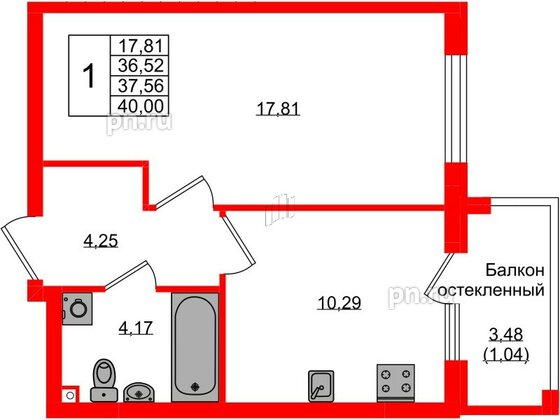 Квартира в ЖК «Консул», 1 комнатная, 37.56 м², 1 этаж