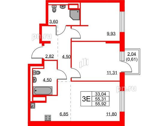 Квартира в ЖК Квартал Лаголово, 2 комнатная, 55.92 м², 7 этаж