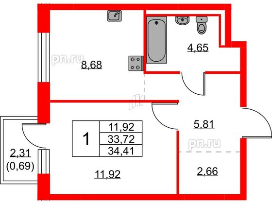 Квартира в ЖК Квартал Лаголово, 1 комнатная, 34.41 м², 2 этаж