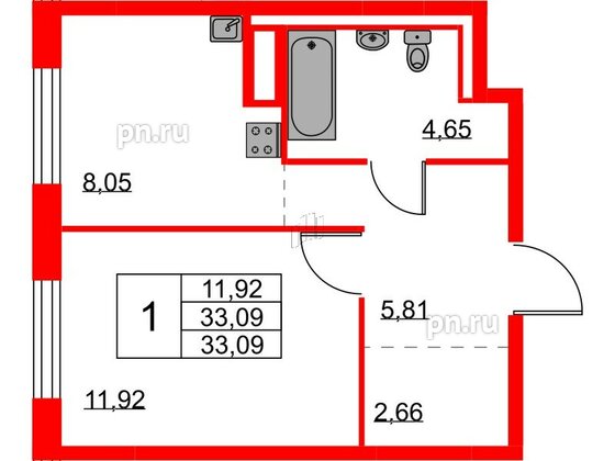 Квартира в ЖК Квартал Лаголово, 1 комнатная, 33.09 м², 3 этаж