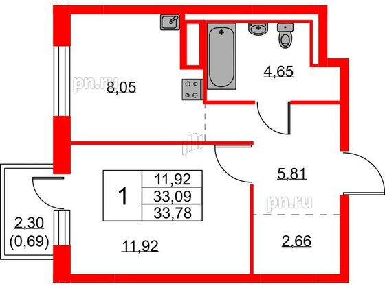 Квартира в ЖК Квартал Лаголово, 1 комнатная, 33.78 м², 6 этаж