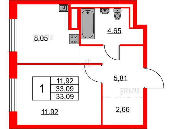 Квартира в ЖК Квартал Лаголово, 1 комнатная, 33.09 м², 8 этаж