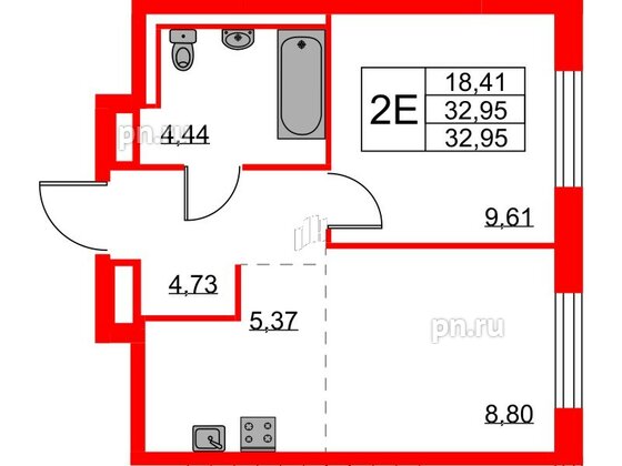 Квартира в ЖК Квартал Лаголово, 1 комнатная, 32.95 м², 7 этаж