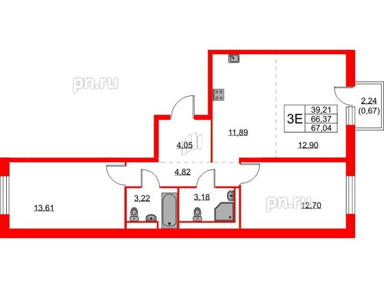 Квартира в ЖК Квартал Лаголово, 2 комнатная, 67.04 м², 2 этаж