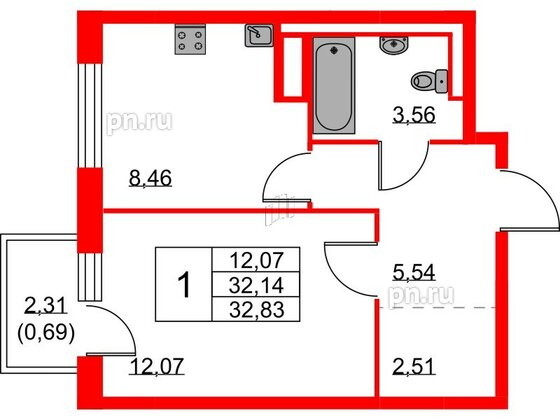 Квартира в ЖК Квартал Лаголово, 1 комнатная, 32.83 м², 5 этаж