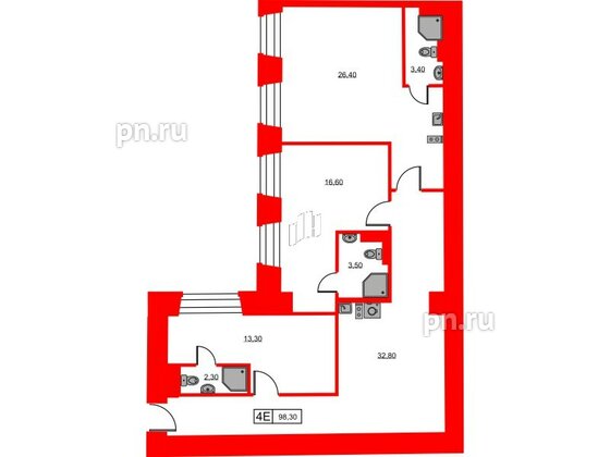 Апартаменты в ЖК Hovard Club, 2 комнатные, 98.3 м², 2 этаж