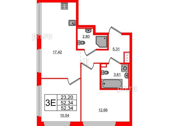 Квартира в ЖК Glorax Василеостровский, 2 комнатная, 52.34 м², 10 этаж