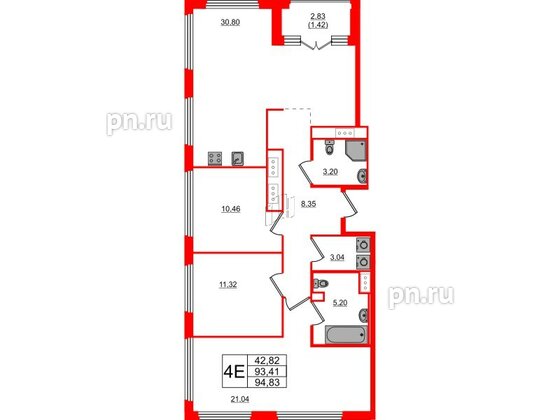 Квартира в ЖК Glorax Василеостровский, 3 комнатная, 94.83 м², 15 этаж