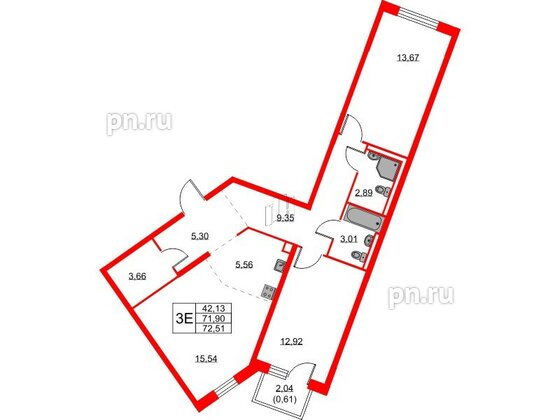 Квартира в ЖК Квартал Лаголово, 2 комнатная, 72.51 м², 2 этаж