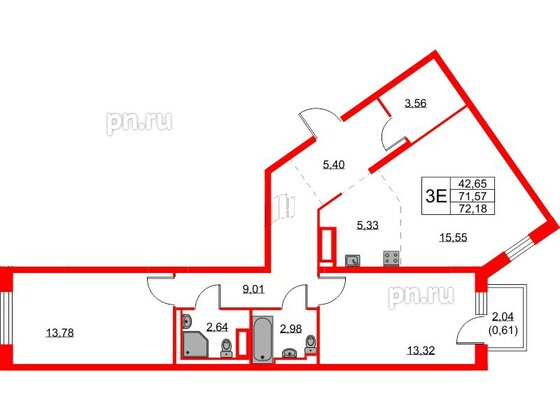 Квартира в ЖК Квартал Лаголово, 2 комнатная, 72.18 м², 4 этаж