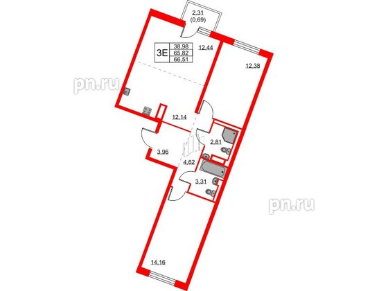 Квартира в ЖК Квартал Лаголово, 2 комнатная, 65.66 м², 3 этаж