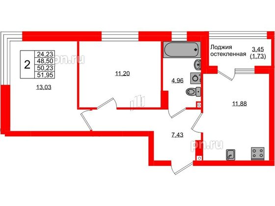 Квартира в ЖК «Консул», 2 комнатная, 50.23 м², 2 этаж