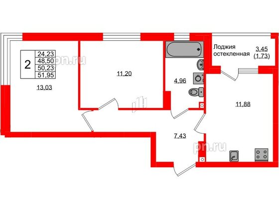 Квартира в ЖК «Консул», 2 комнатная, 50.23 м², 9 этаж