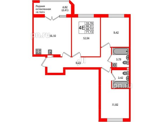 Квартира в ЖК «Консул», 3 комнатная, 68.72 м², 6 этаж