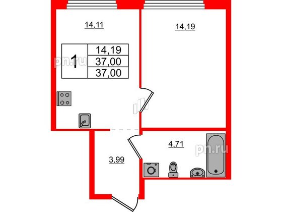 Квартира в ЖК Glorax Василеостровский, 1 комнатная, 37 м², 6 этаж