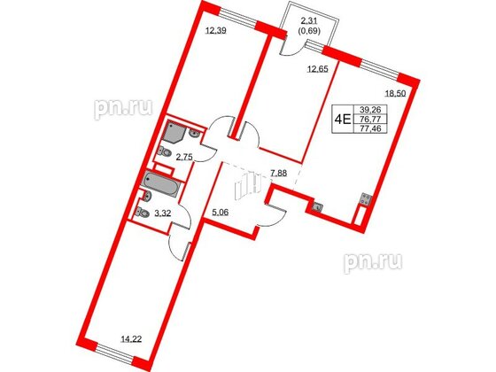 Квартира в ЖК Квартал Лаголово, 2 комнатная, 76.77 м², 5 этаж