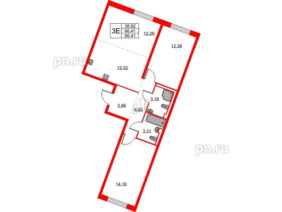 Квартира в ЖК Квартал Лаголово, 2 комнатная, 66.41 м², 2 этаж