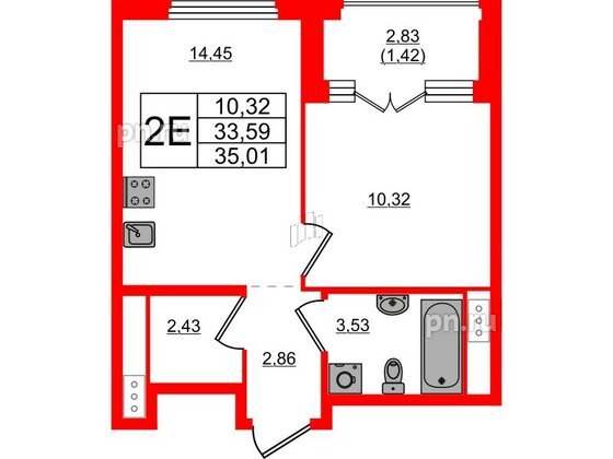 Квартира в ЖК Glorax Василеостровский, 1 комнатная, 35.01 м², 10 этаж