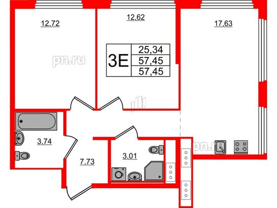 Квартира в ЖК Glorax Василеостровский, 2 комнатная, 57.45 м², 13 этаж