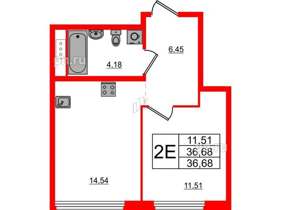 Квартира в ЖК Glorax Василеостровский, 1 комнатная, 36.68 м², 16 этаж