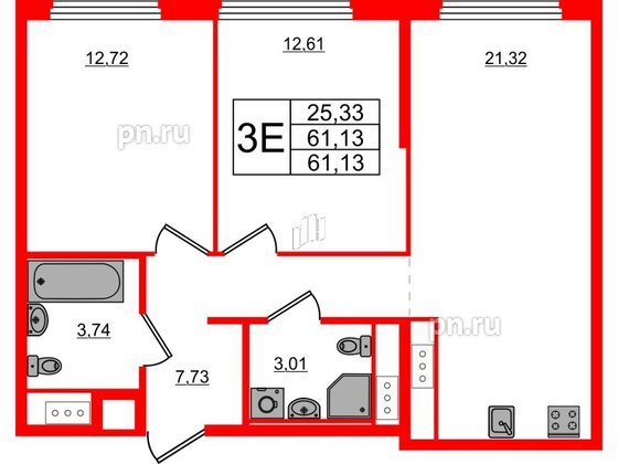 Квартира в ЖК Glorax Василеостровский, 2 комнатная, 61.13 м², 5 этаж