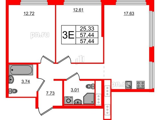 Квартира в ЖК Glorax Василеостровский, 2 комнатная, 57.44 м², 11 этаж