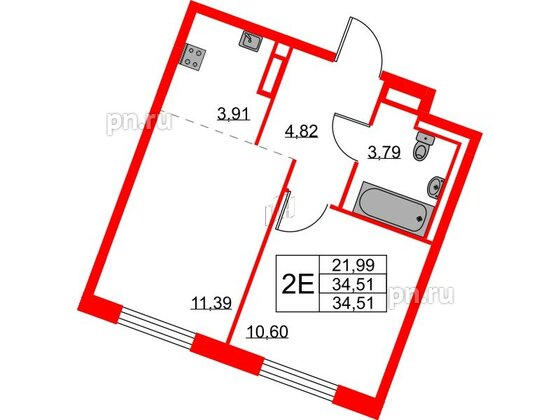 Квартира в ЖК Квартал Лаголово, 1 комнатная, 34.51 м², 3 этаж