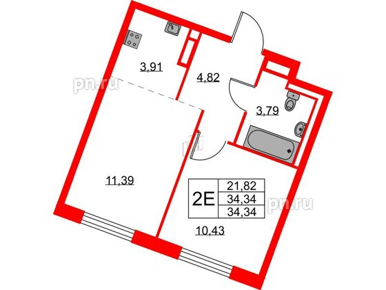 Квартира в ЖК Квартал Лаголово, 1 комнатная, 34.34 м², 9 этаж