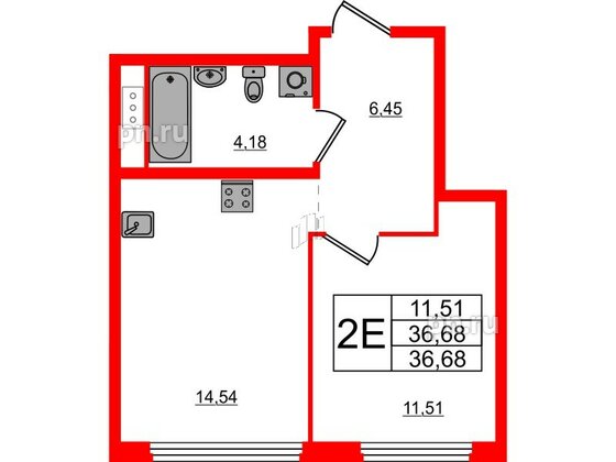 Квартира в ЖК Glorax Василеостровский, 1 комнатная, 36.68 м², 14 этаж