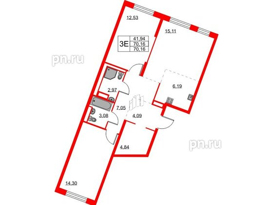 Квартира в ЖК Квартал Лаголово, 2 комнатная, 70.16 м², 3 этаж