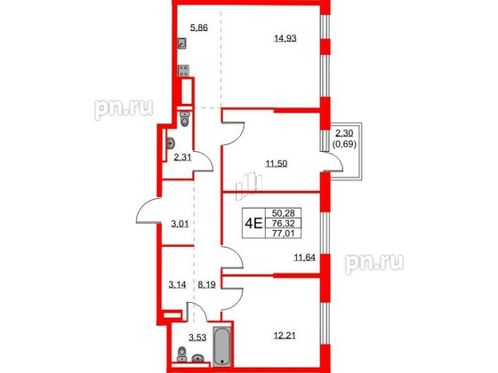 Квартира в ЖК Квартал Лаголово, 3 комнатная, 77.01 м², 6 этаж