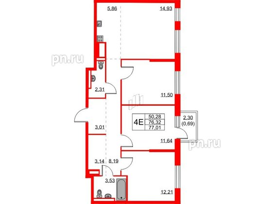 Квартира в ЖК Квартал Лаголово, 3 комнатная, 77.01 м², 7 этаж