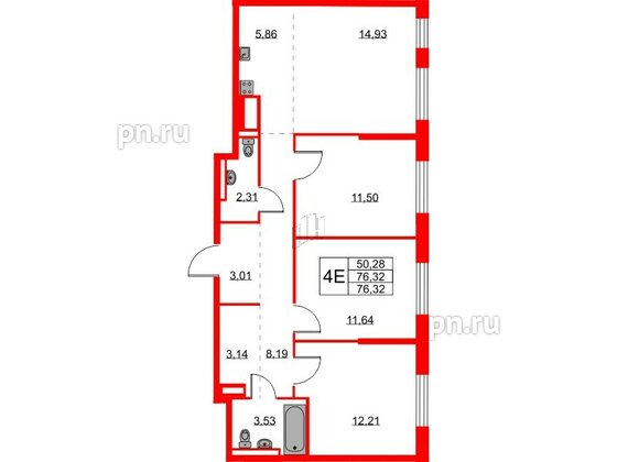 Квартира в ЖК Квартал Лаголово, 3 комнатная, 76.32 м², 8 этаж