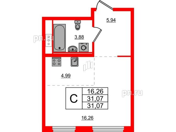 Квартира в ЖК Glorax Василеостровский, студия, 31.07 м², 4 этаж