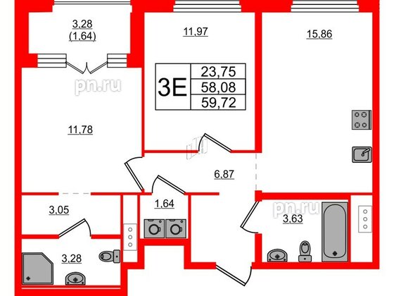 Квартира в ЖК Glorax Василеостровский, 2 комнатная, 59.72 м², 3 этаж