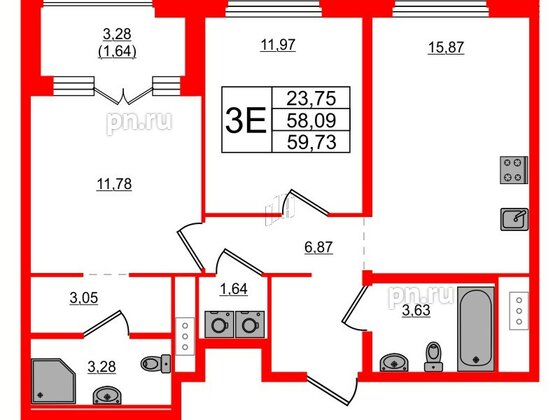 Квартира в ЖК Glorax Василеостровский, 2 комнатная, 59.73 м², 4 этаж