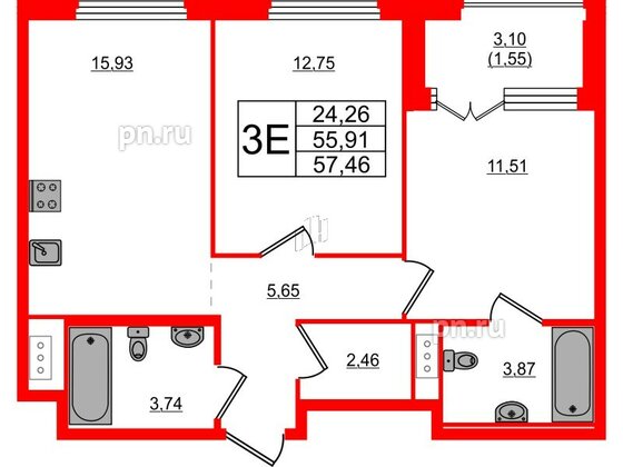 Квартира в ЖК Glorax Василеостровский, 2 комнатная, 57.46 м², 5 этаж