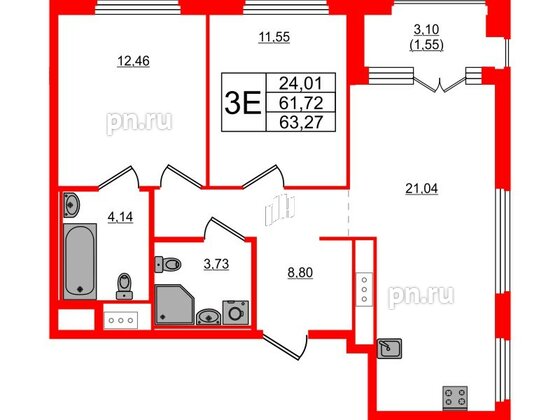 Квартира в ЖК Glorax Василеостровский, 2 комнатная, 63.27 м², 3 этаж