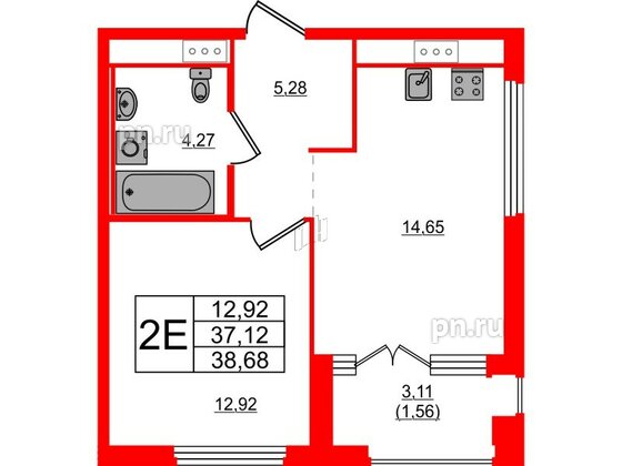 Квартира в ЖК Glorax Василеостровский, 1 комнатная, 38.68 м², 6 этаж