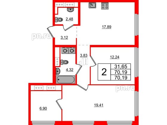 Квартира в ЖК Glorax Василеостровский, 2 комнатная, 70.19 м², 16 этаж