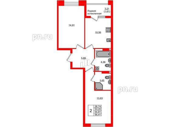 Квартира в ЖК «Консул», 2 комнатная, 54.81 м², 2 этаж