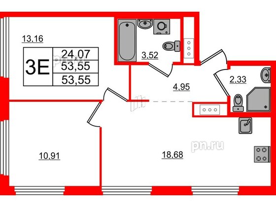 Квартира в ЖК Glorax Василеостровский, 2 комнатная, 53.55 м², 12 этаж