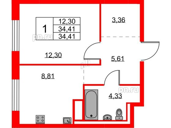 Квартира в ЖК Квартал Лаголово, 1 комнатная, 34.41 м², 9 этаж