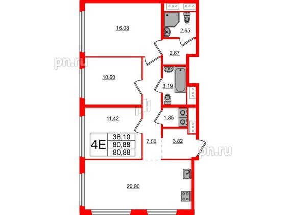 Квартира в ЖК Glorax Василеостровский, 3 комнатная, 80.88 м², 16 этаж